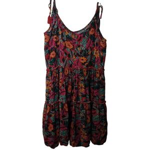 Womens Tropical Floral Print Tiered Mini Dress Tassel Tie Straps small